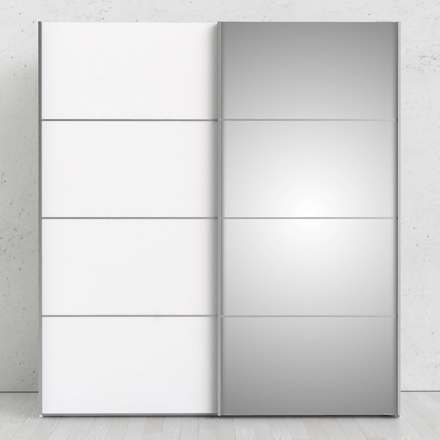 Verona Sliding Wardrobe 180cm in White with White and Mirror Doors with 2 Shelves ModelBedroom