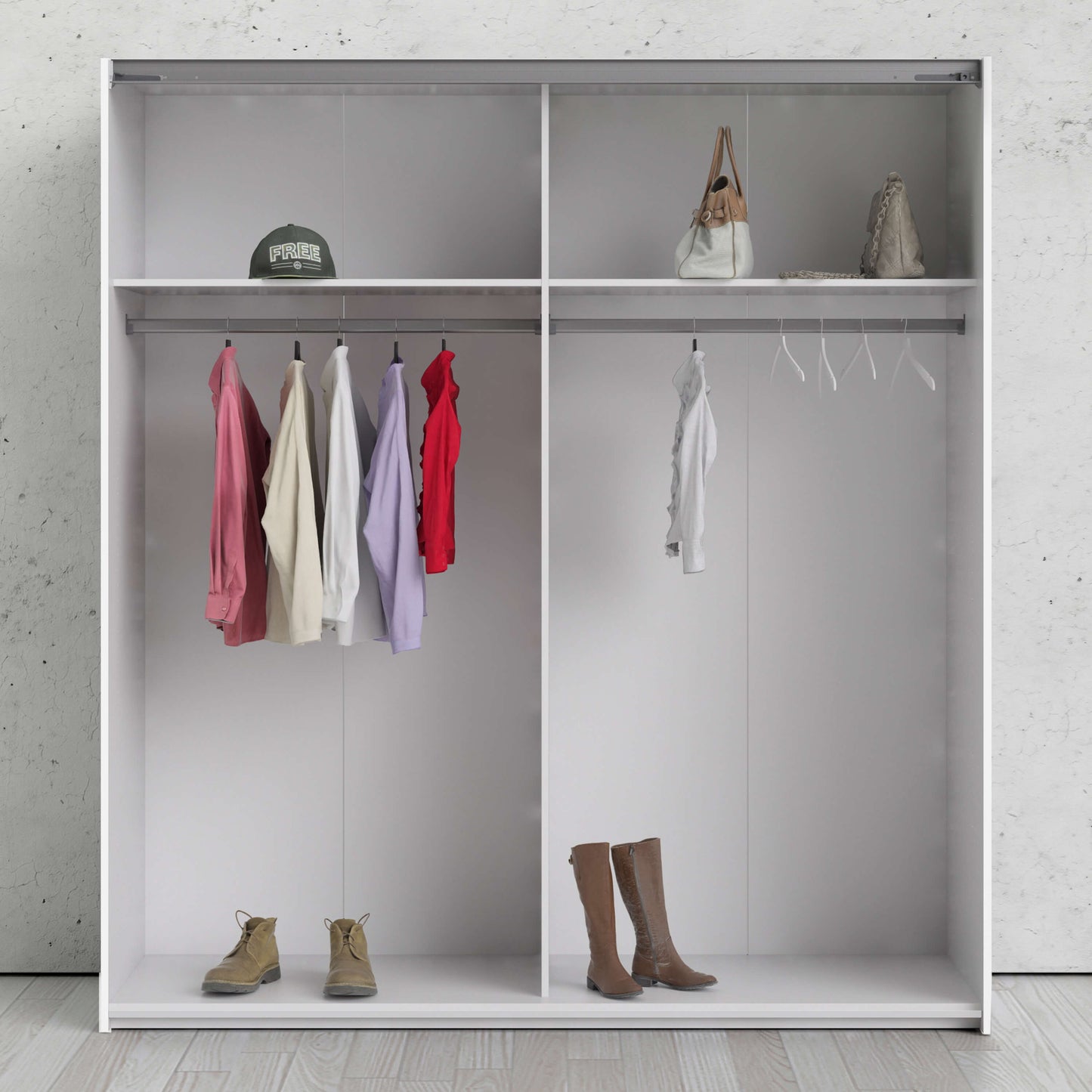 Verona Sliding Wardrobe 180cm in White with White and Mirror Doors with 2 Shelves ModelBedroom