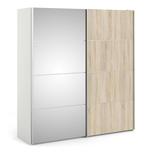Verona Sliding Wardrobe 180cm in White with Oak and Mirror Doors with 2 Shelves ModelBedroom