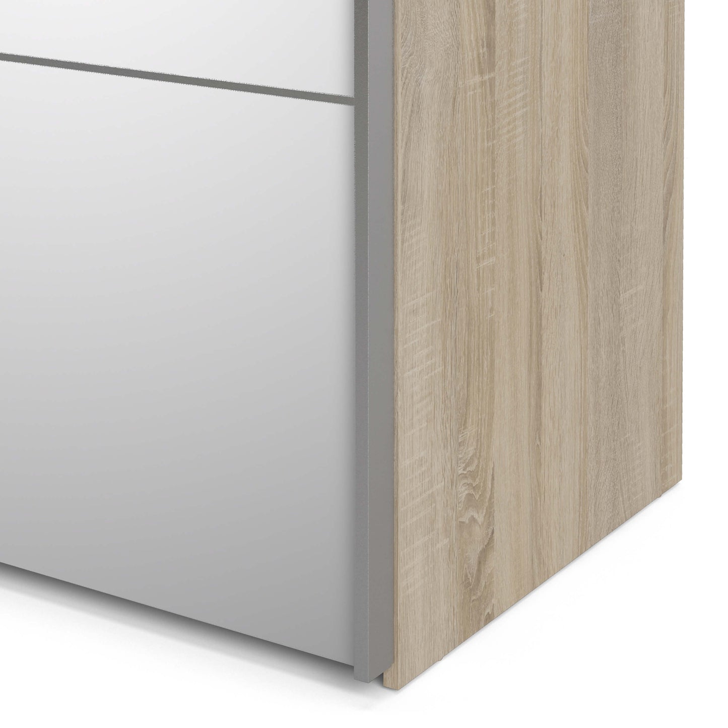 Verona Sliding Wardrobe 180cm in White with Oak and Mirror Doors with 2 Shelves ModelBedroom