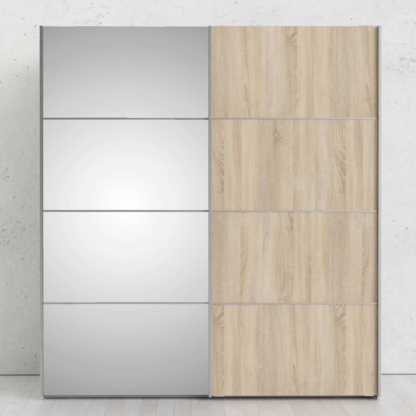 Verona Sliding Wardrobe 180cm in White with Oak and Mirror Doors with 2 Shelves ModelBedroom