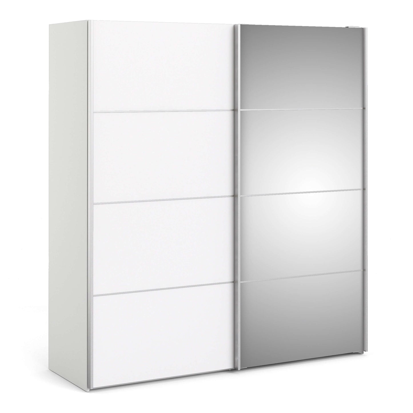 Verona Sliding Wardrobe 180cm in White with White and Mirror Doors with 5 Shelves ModelBedroom