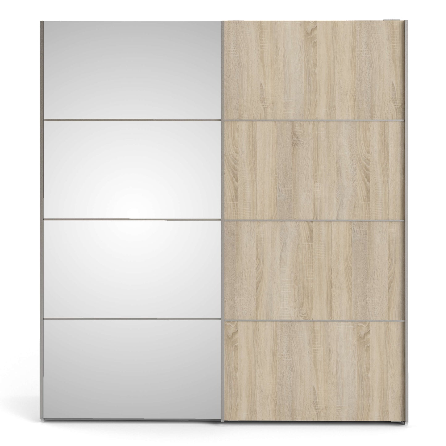 Verona Sliding Wardrobe 180cm in White with Oak and Mirror Doors with 5 Shelves ModelBedroom