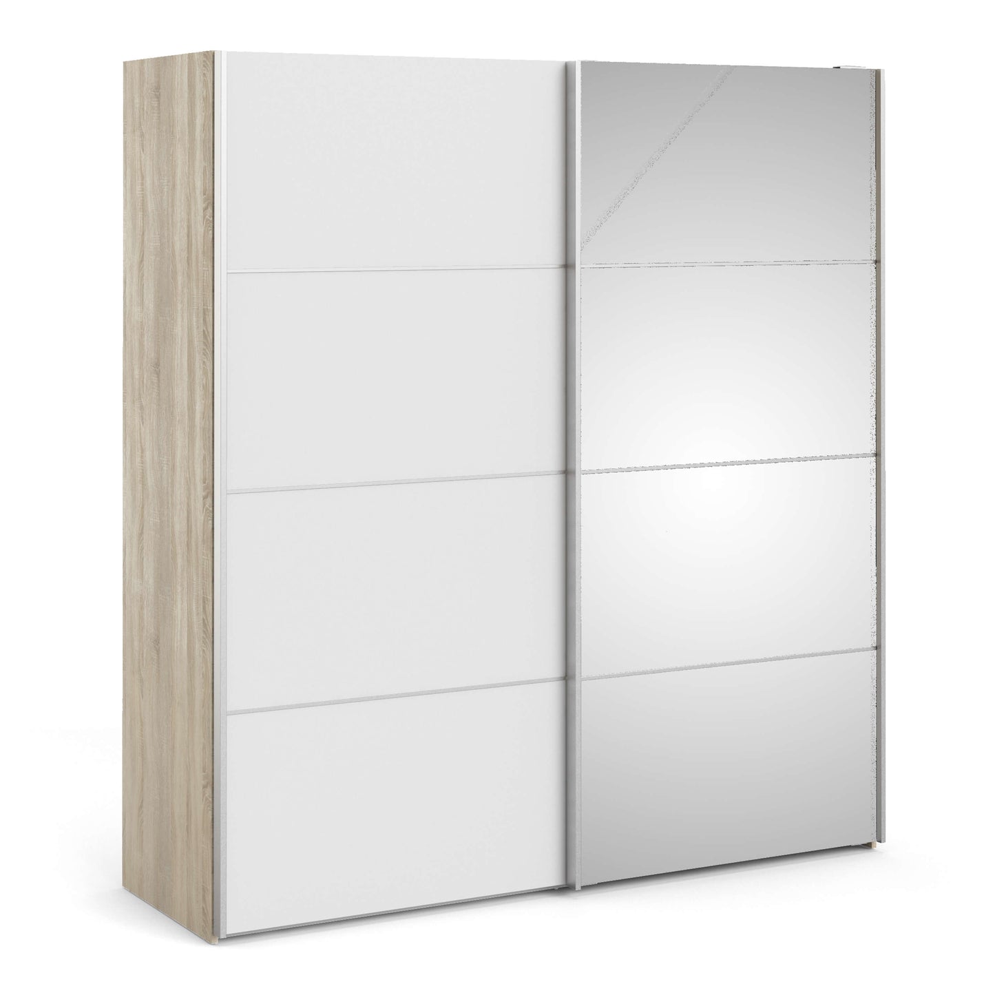 Verona Sliding Wardrobe 180cm in Oak with White and Mirror Doors with 5 Shelves ModelBedroom
