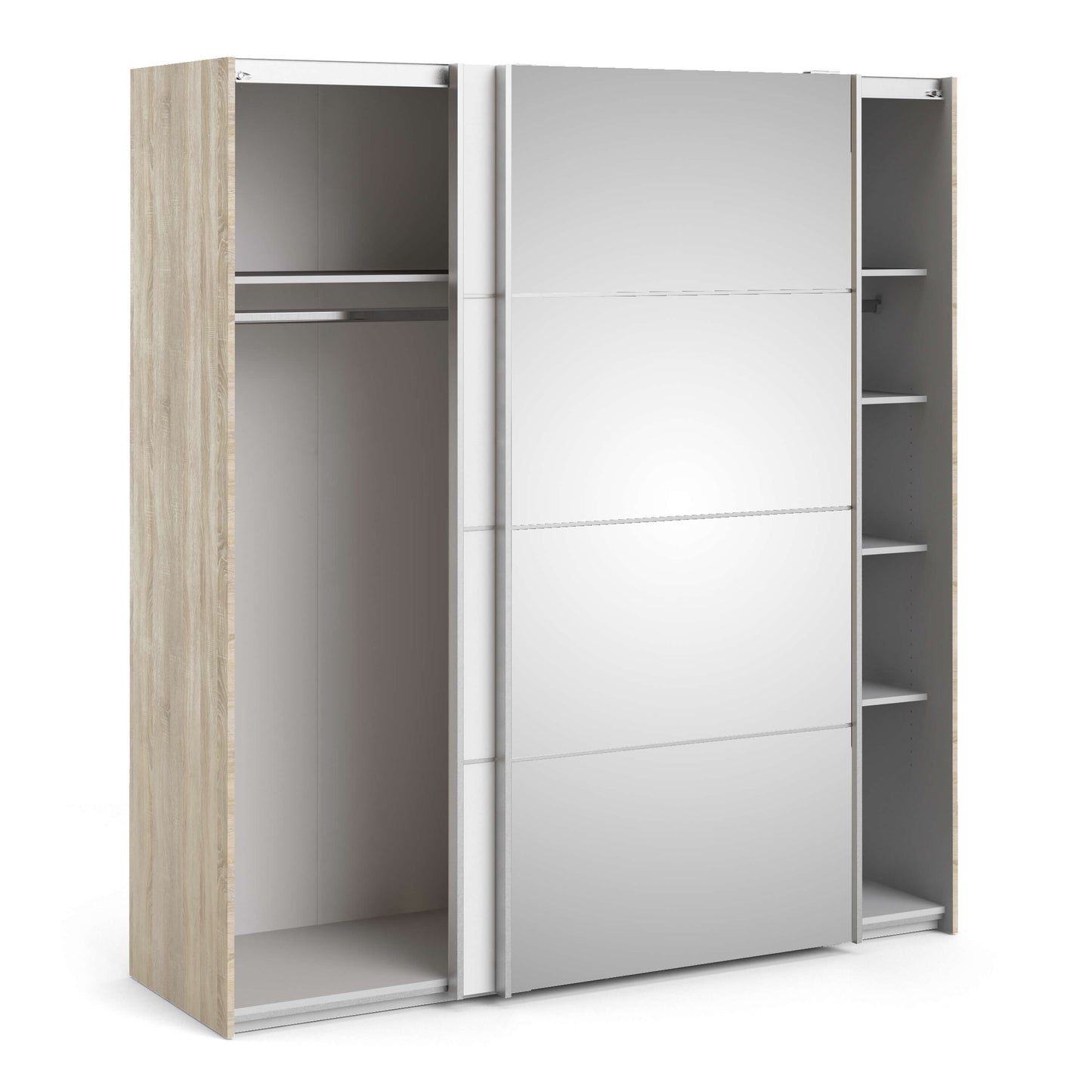 Verona Sliding Wardrobe 180cm in Oak with White and Mirror Doors with 5 Shelves ModelBedroom