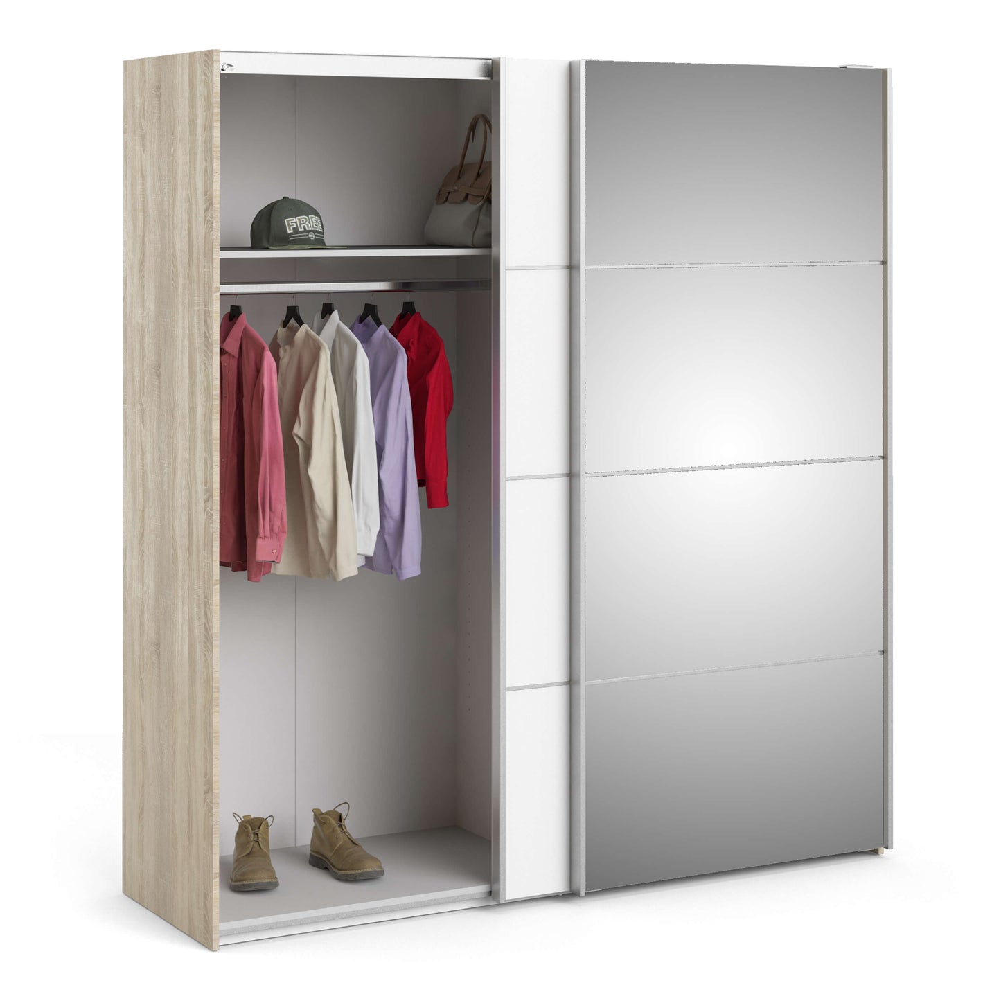 Verona Sliding Wardrobe 180cm in Oak with White and Mirror Doors with 5 Shelves ModelBedroom