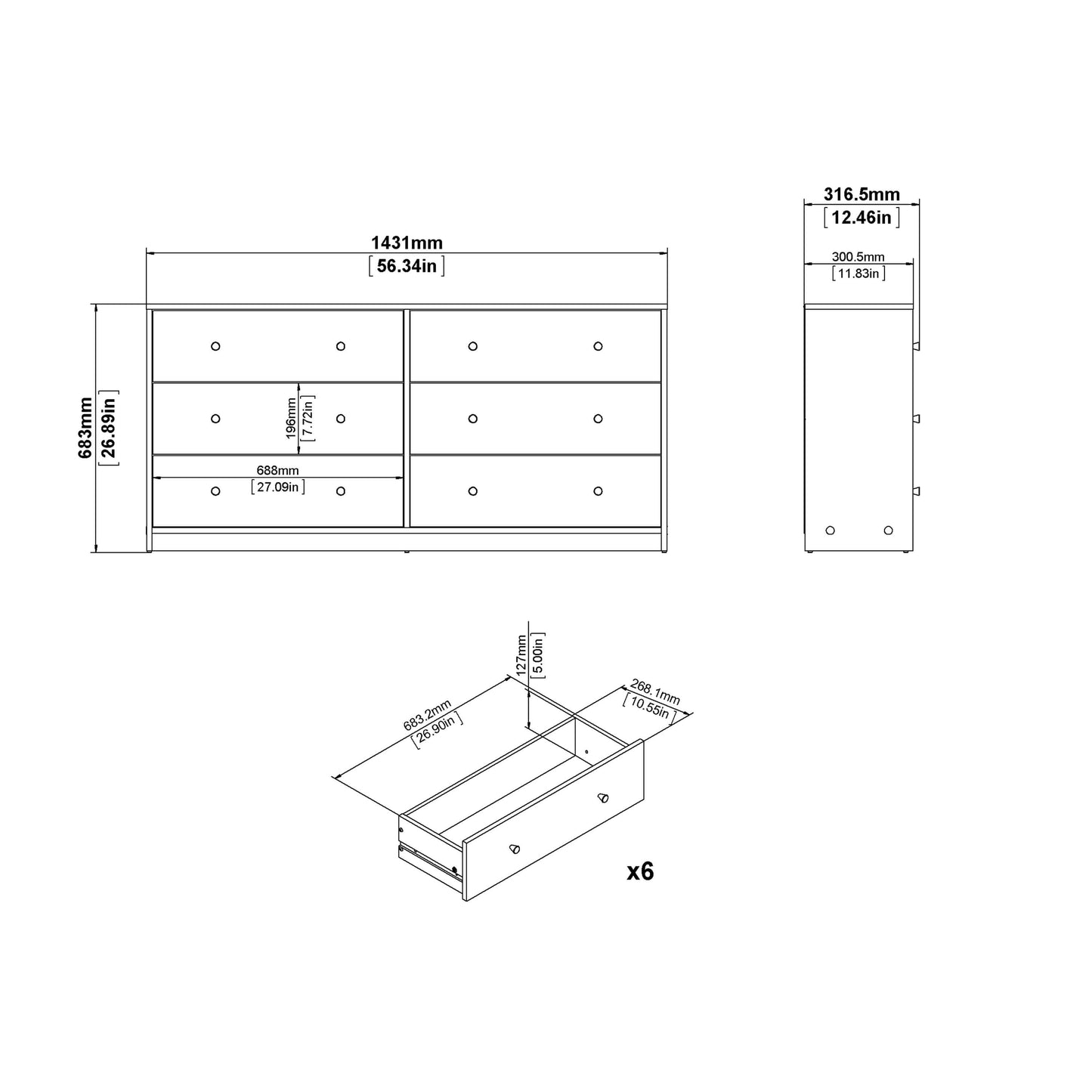 May Chest of 6 Drawers (3+3) - 6 Drawer Chest Of Drawers ModelBedroom
