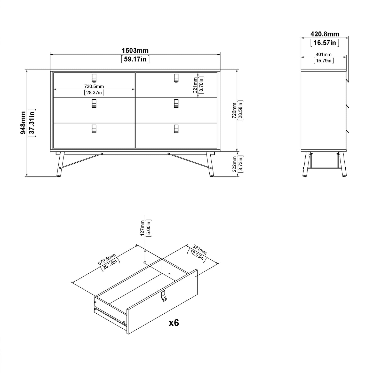 Ry Wide double chest of drawers 6 drawers in Matt White - wide 6chest of drawers ModelBedroom