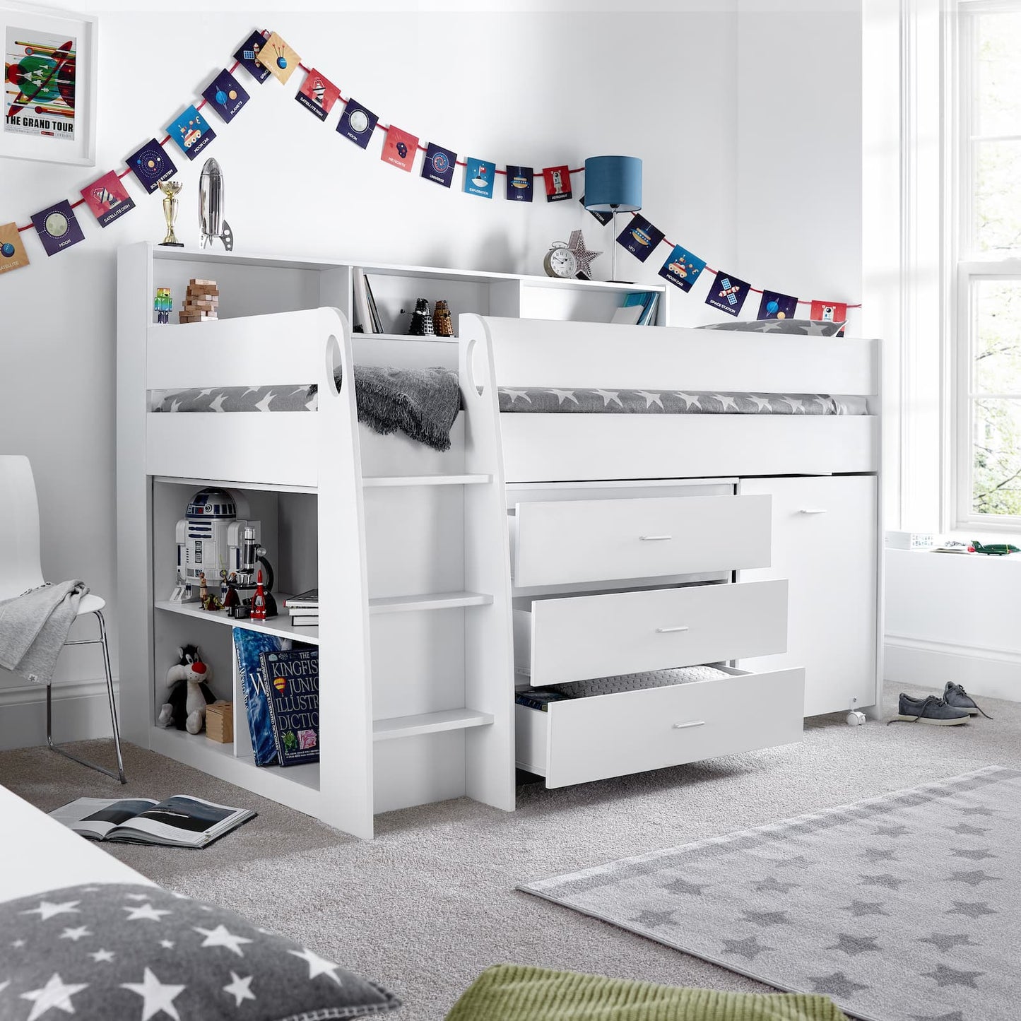 Ersa White Mid Sleeper Set - Mid Sleeper With Desk and Storage ModelBedroom
