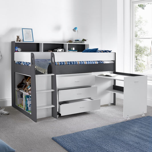 Ersa Grey and White Mid Sleeper - Kids Mid Sleeper With Desk and Storage ModelBedroom