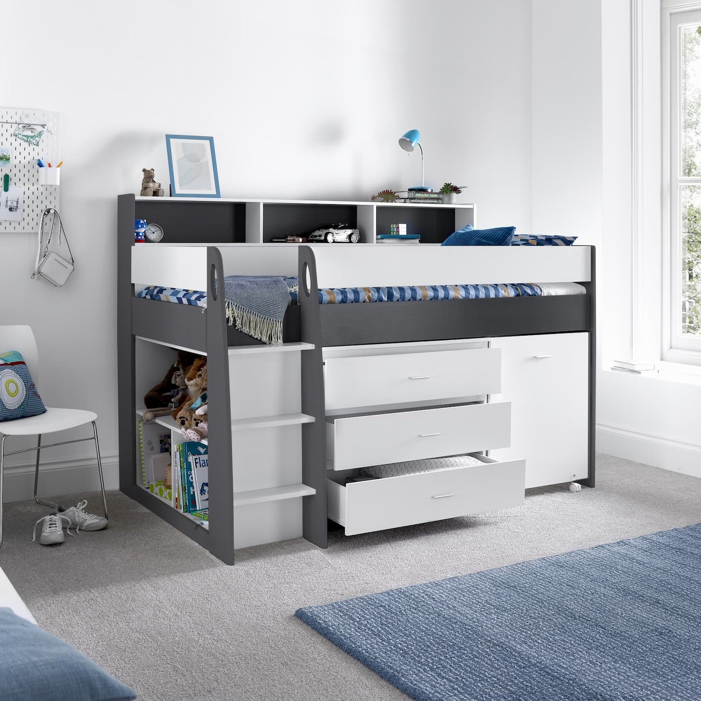 Ersa Grey and White Mid Sleeper - Kids Mid Sleeper With Desk and Storage ModelBedroom