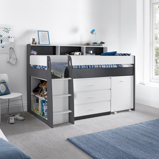 Ersa Grey and White Mid Sleeper - Kids Mid Sleeper With Desk and Storage ModelBedroom