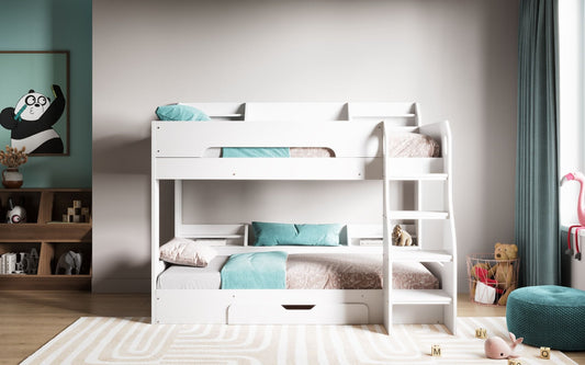 Flair Flick Bunk Bed White with Shelves And Drawer - Kids Single Bunk Bed ModelBedroom