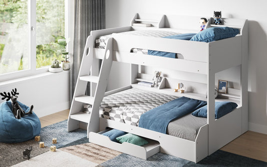 Flair Flick Triple Bunk Bed White With Shelves And Drawer - White Triple Sleeper ModelBedroom