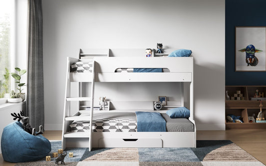 Flair Flick Triple Bunk Bed White With Shelves And Drawer - White Triple Sleeper ModelBedroom