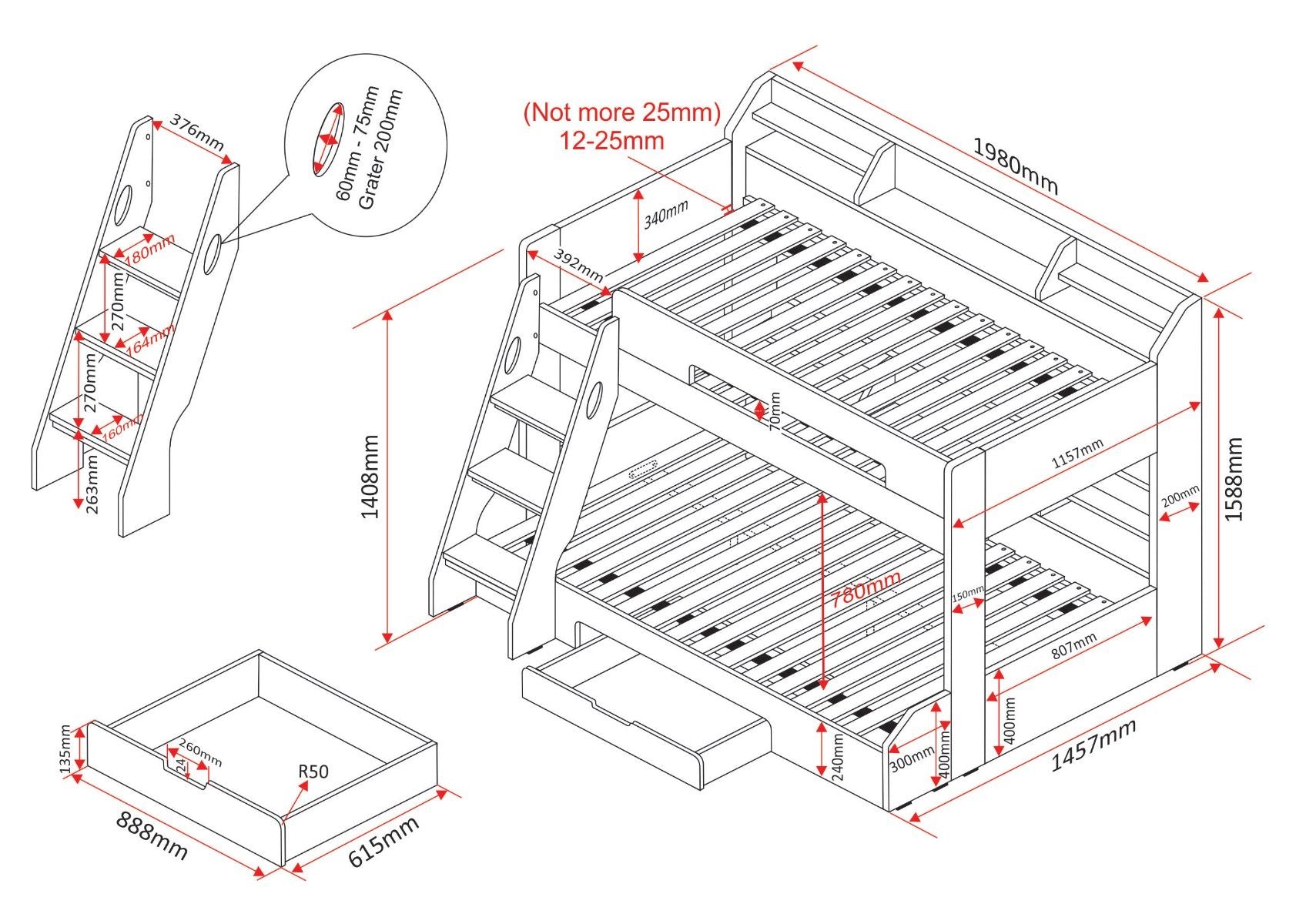 Flair Flick Triple Bunk Bed White With Shelves And Drawer - White Triple Sleeper ModelBedroom