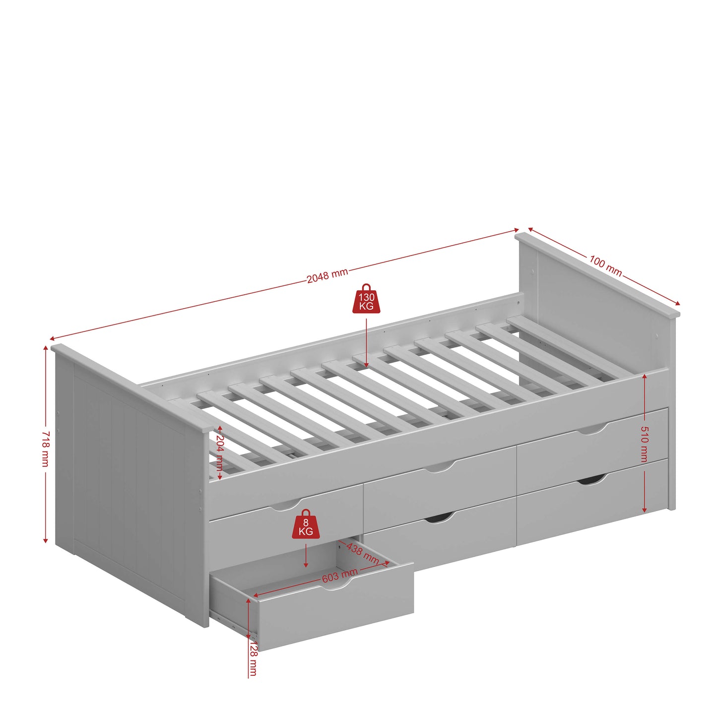 Alba Single bed with 6 Drawers White ModelBedroom