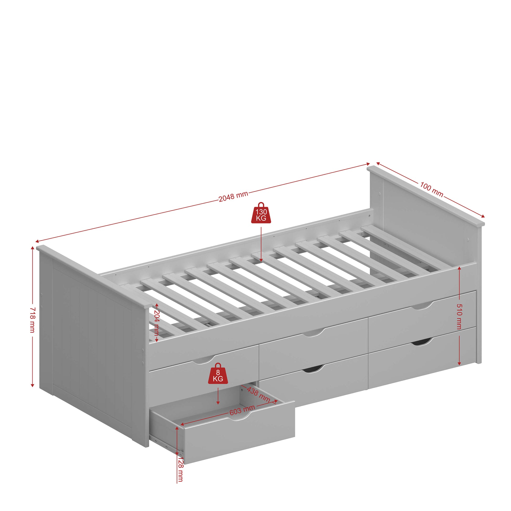 Alba Single bed with 6 Drawers White ModelBedroom