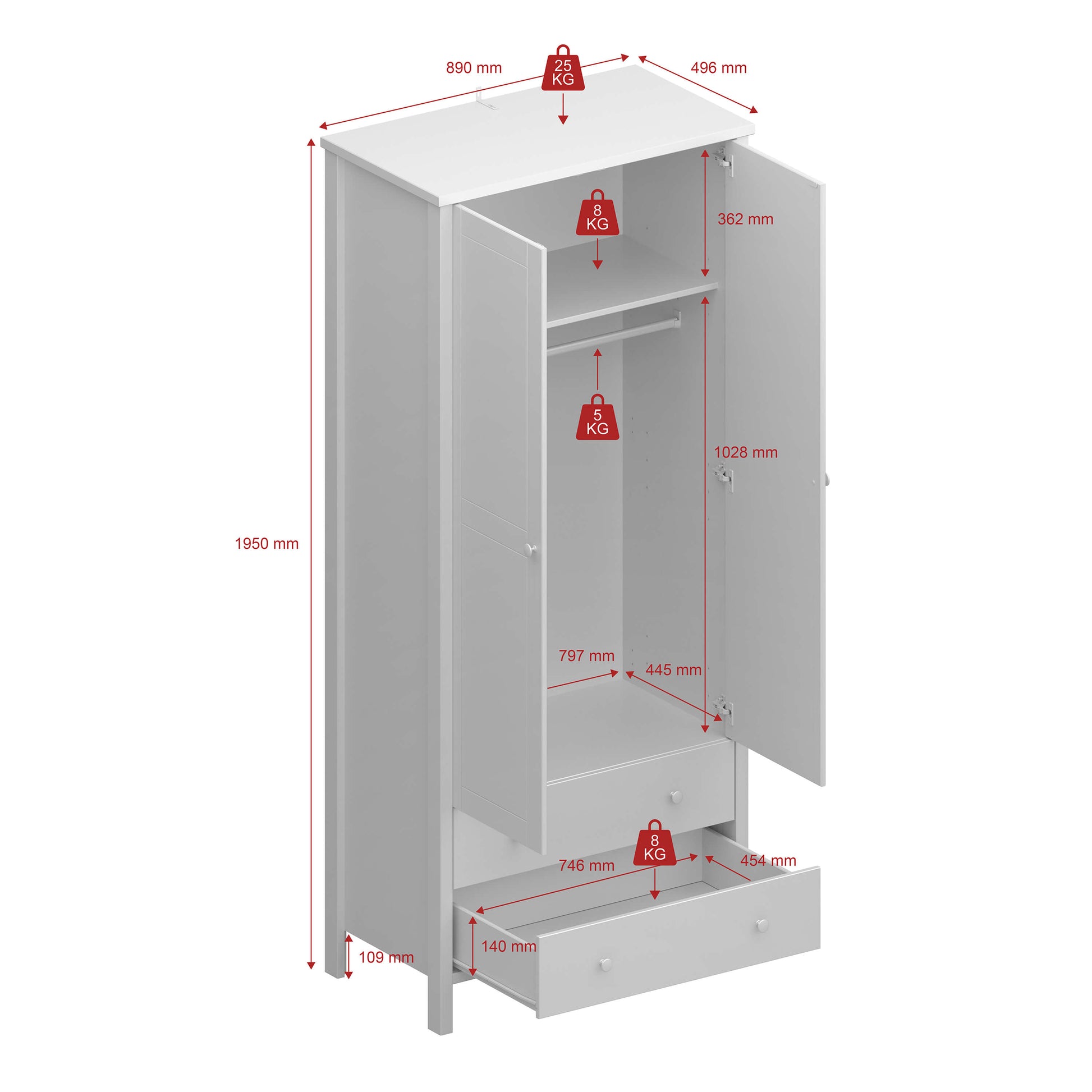 Tromso 2 Door 2 Drawer Wardrobe Off White - 2 Door Wardrobe with Drawers ModelBedroom