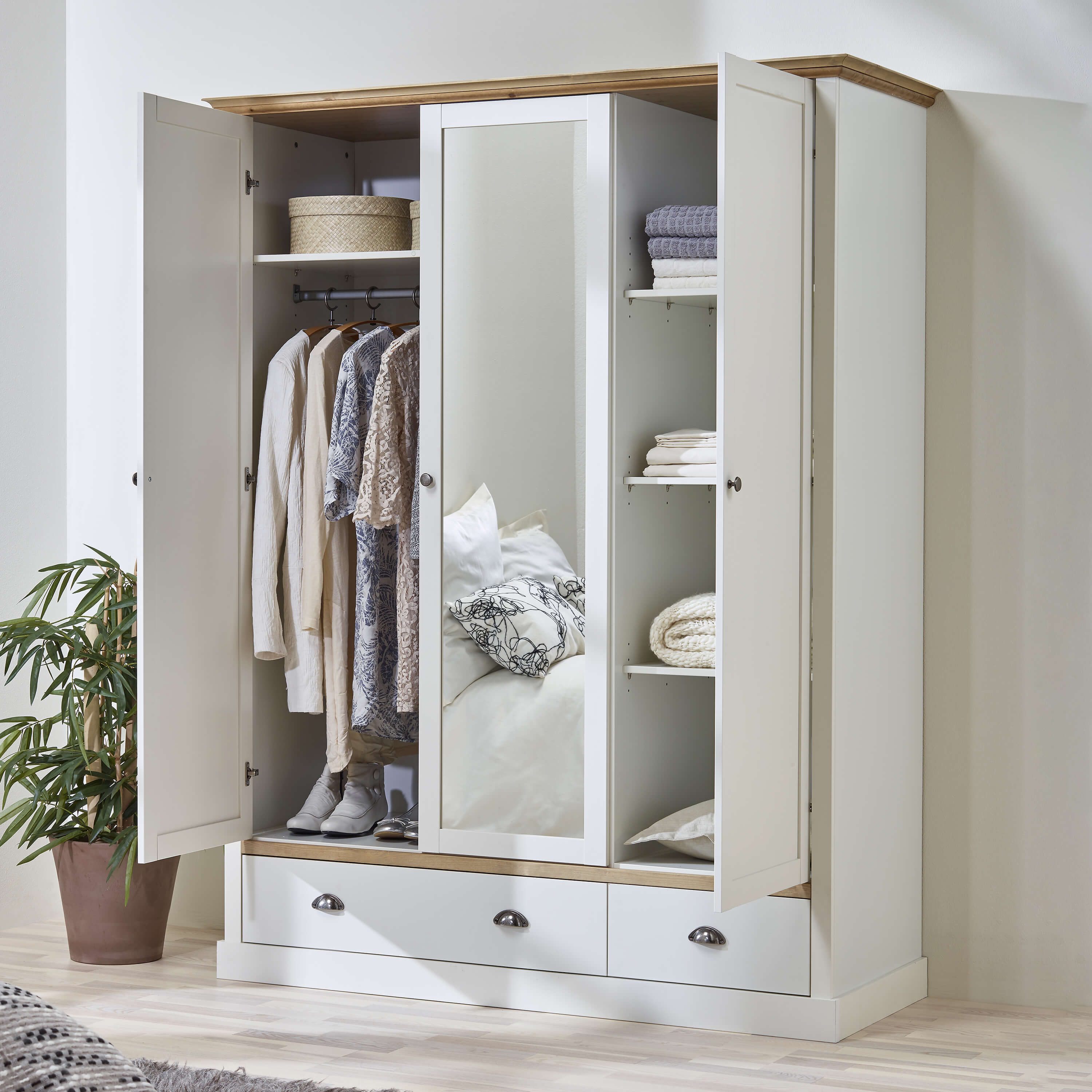 3 door wardrobe with store drawers white