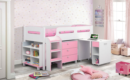 Kimbo Pink Cabin Bed - Girls Cabin Bed - Kids Mid Sleeper ModelBedroom