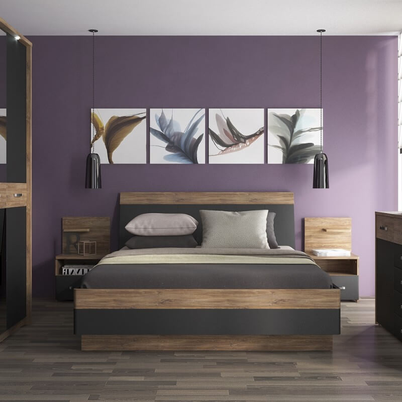 Designer Monaco bed in Stirling Oak with matt black fronts ModelBedroom