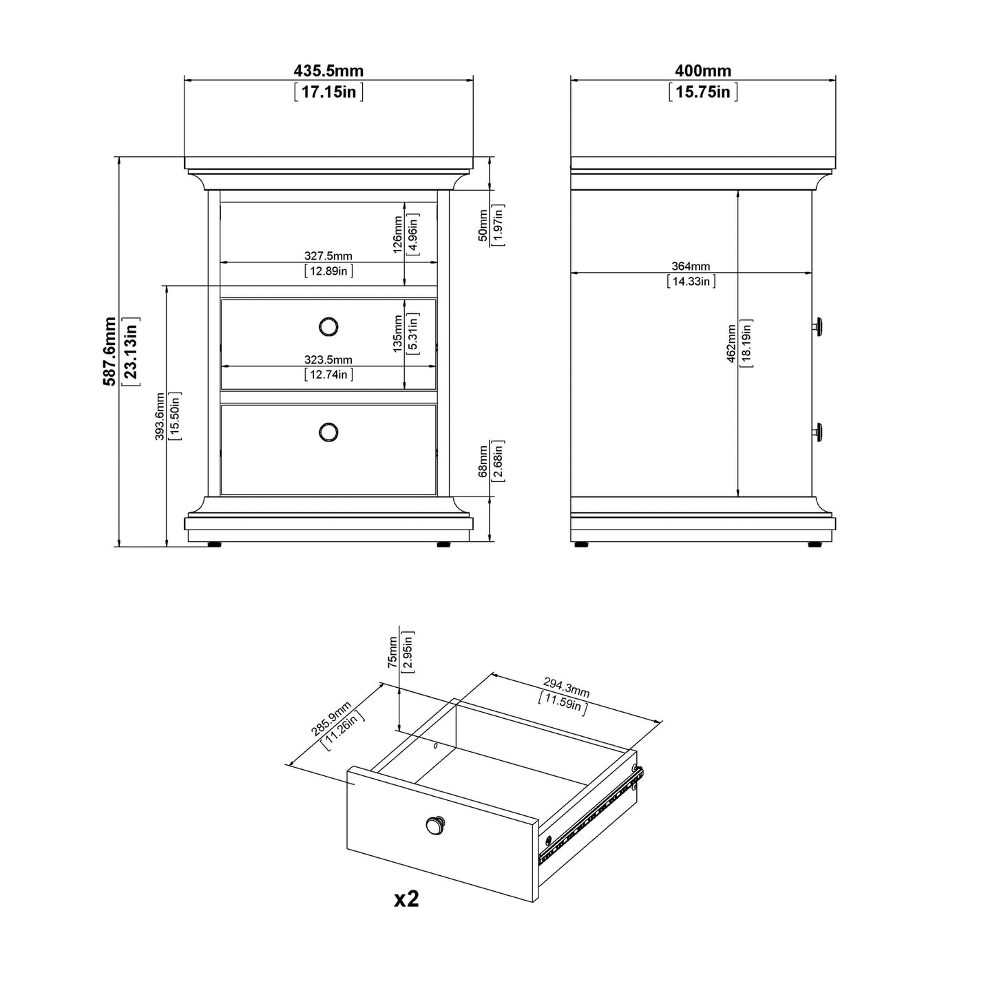 Paris Bedside 2 Drawers in White ModelBedroom