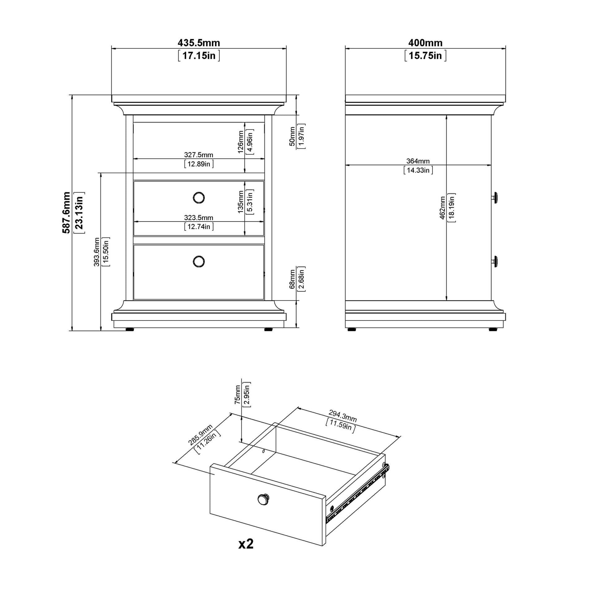 Paris Bedside 2 Drawers in White ModelBedroom