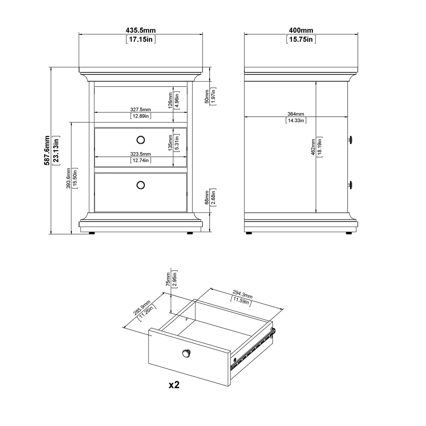 Paris Bedside 2 Drawers in White and Oak ModelBedroom