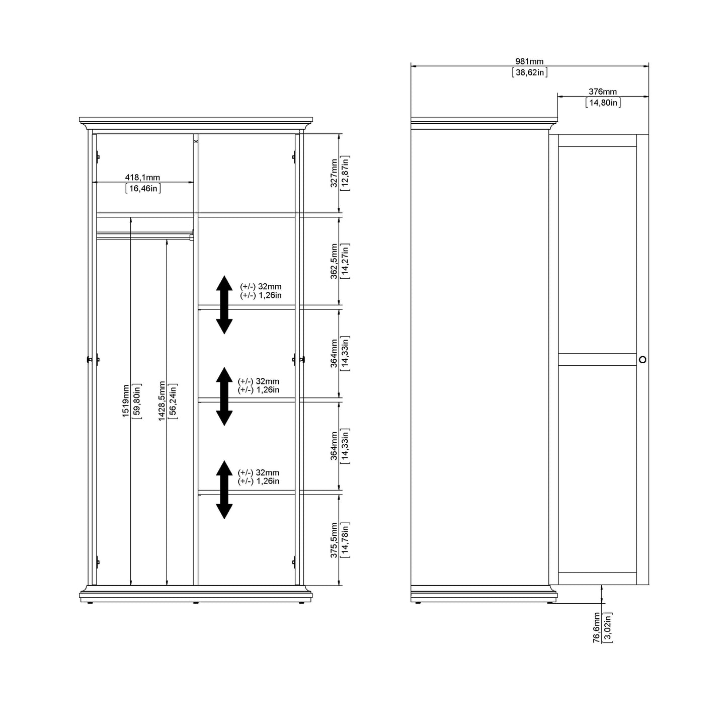 Paris Wardrobe with 2 Doors in White ModelBedroom