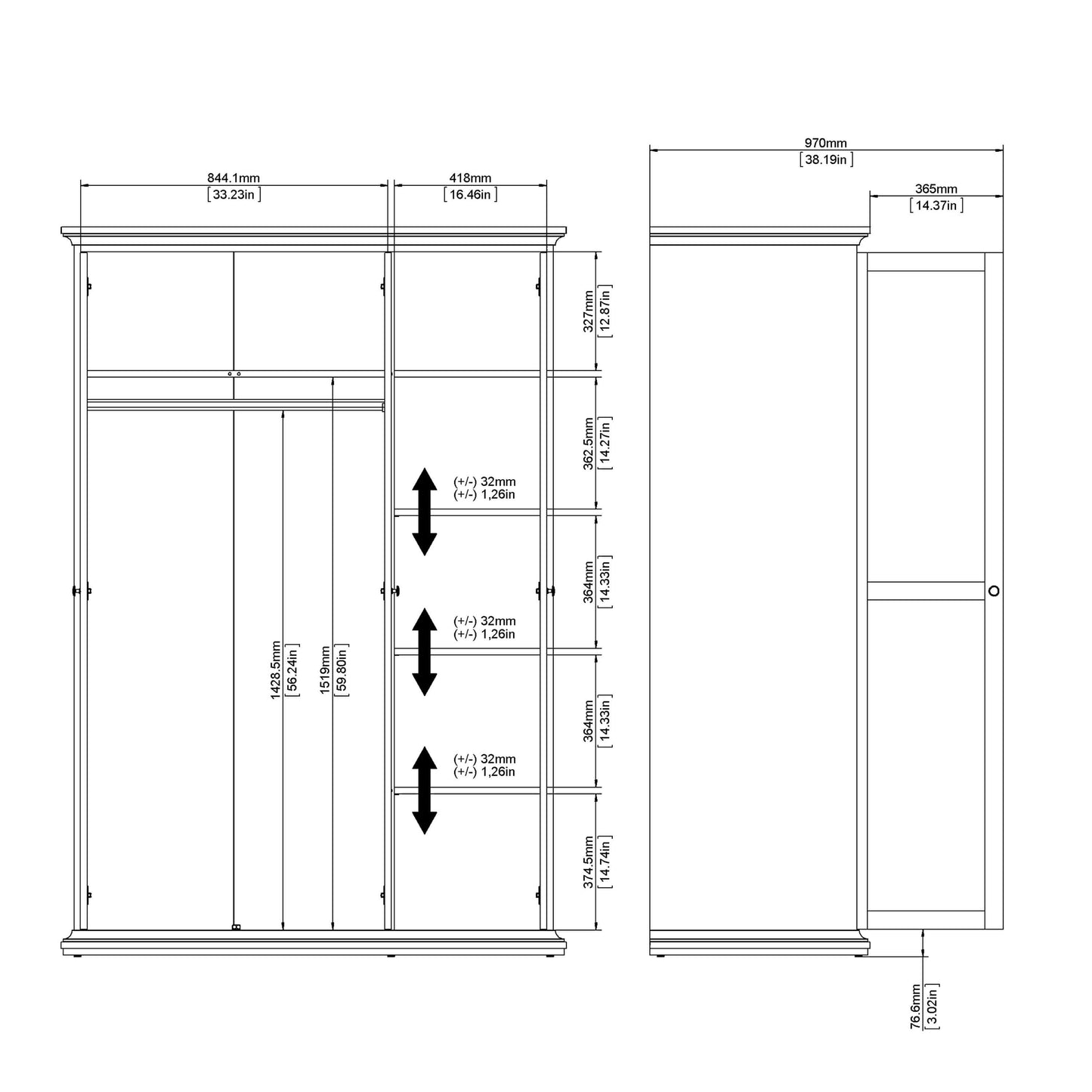 Paris Wardrobe with 3 Doors in White ModelBedroom