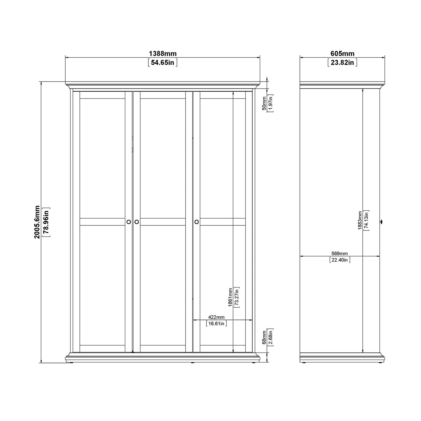 Paris Wardrobe with 3 Doors in White and Oak ModelBedroom