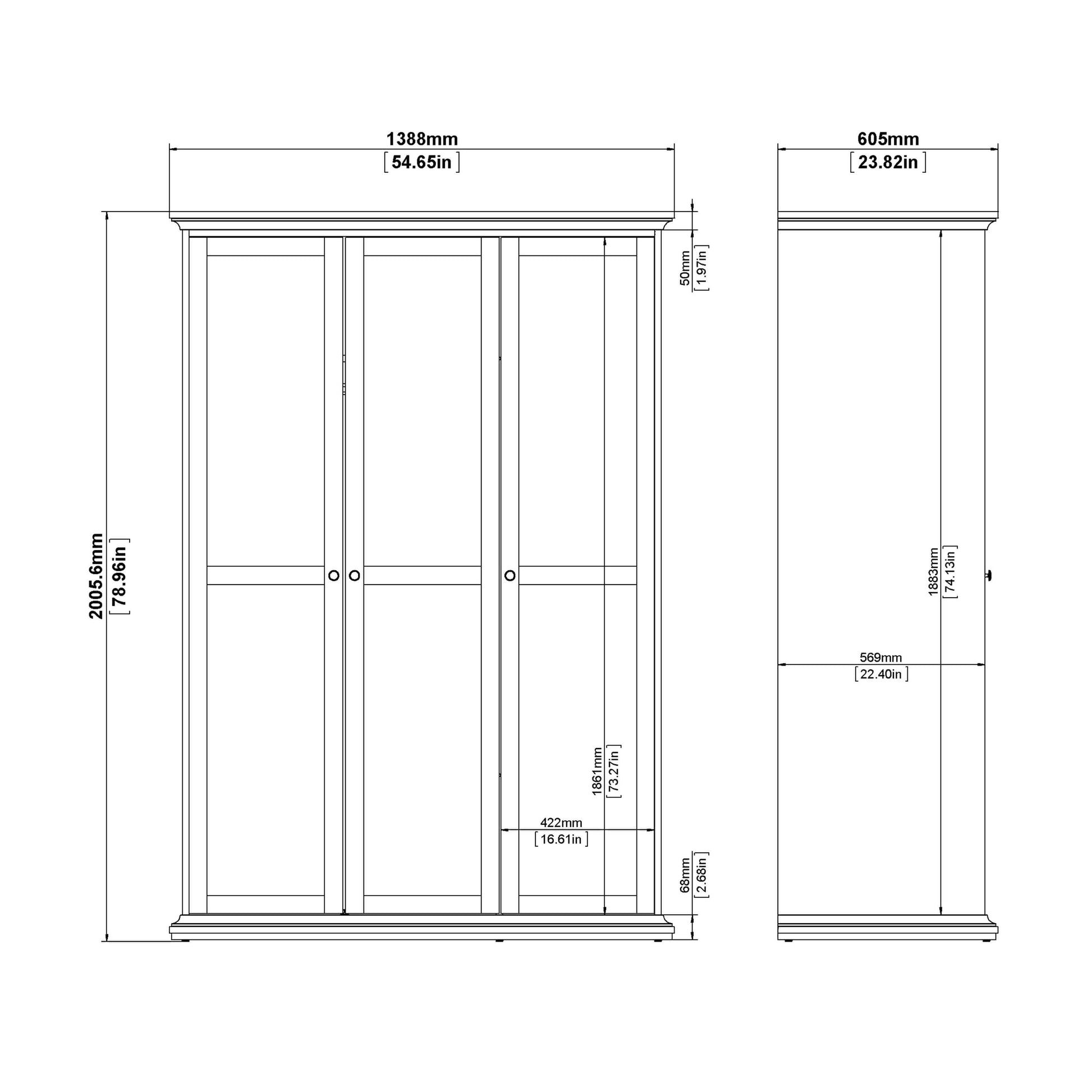 Paris Wardrobe with 3 Doors in White and Oak ModelBedroom