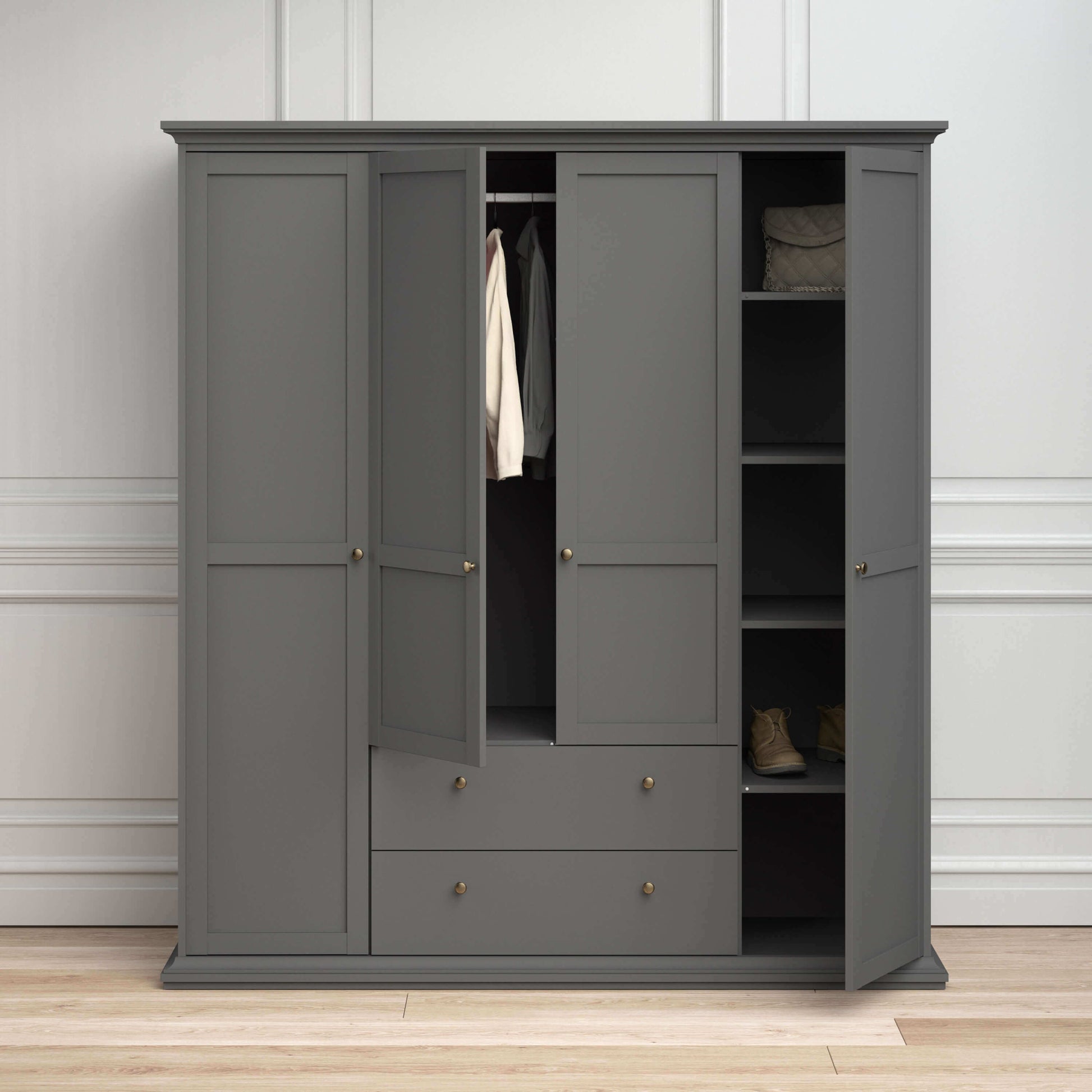 Paris Wardrobe with 4 Doors and 2 Drawers in Matt Grey - 4 door wardrobe with drawers ModelBedroom