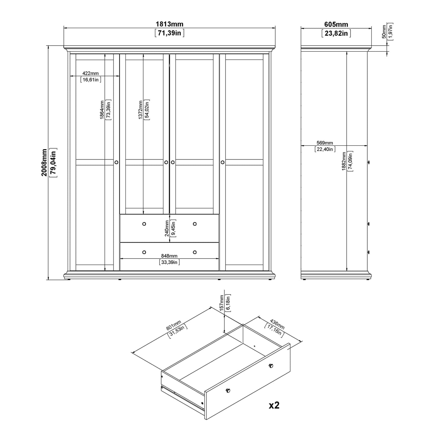 Paris Wardrobe with 4 Doors and 2 Drawers in Matt Grey - 4 door wardrobe with drawers ModelBedroom