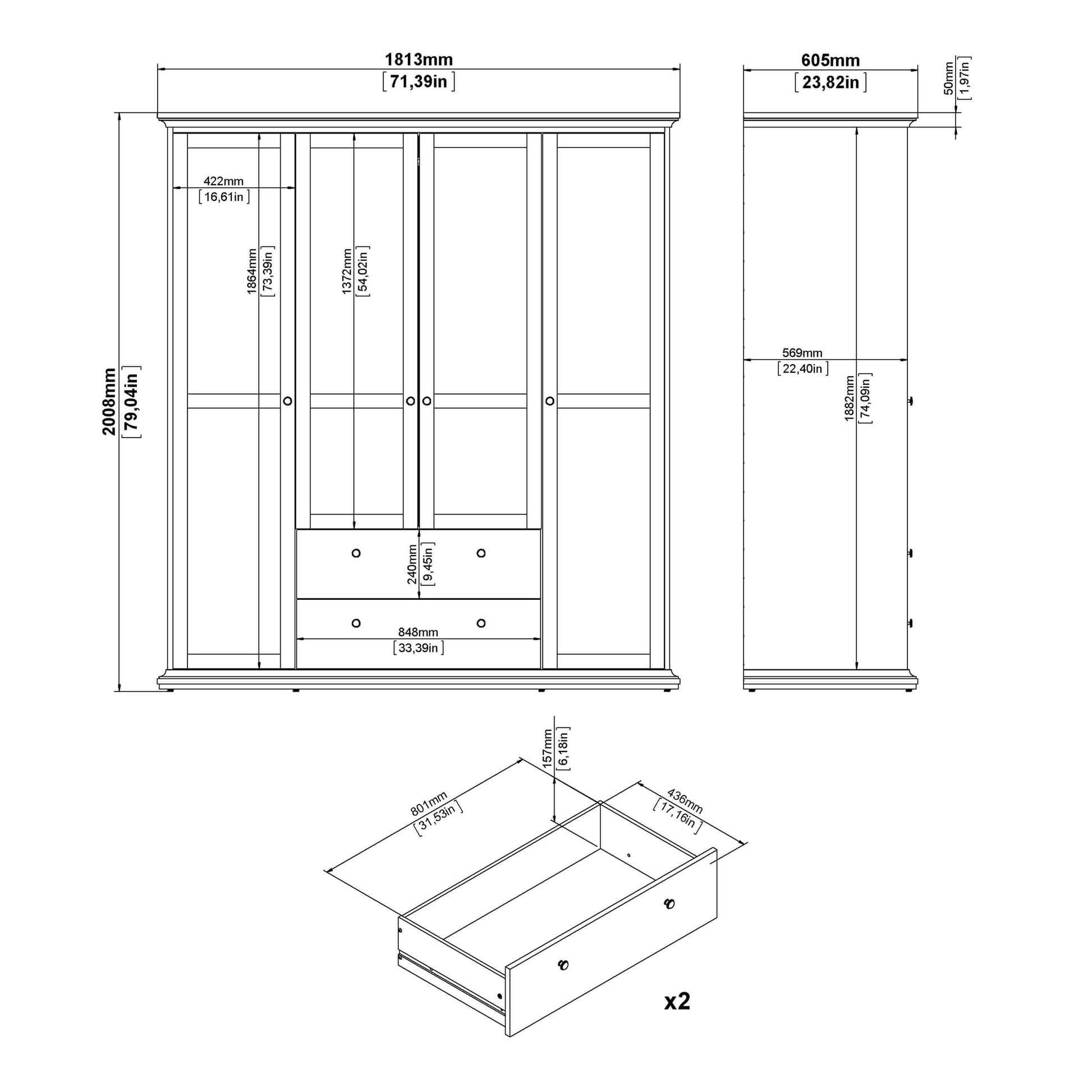 Paris Wardrobe with 4 Doors and 2 Drawers in Matt Grey - 4 door wardrobe with drawers ModelBedroom