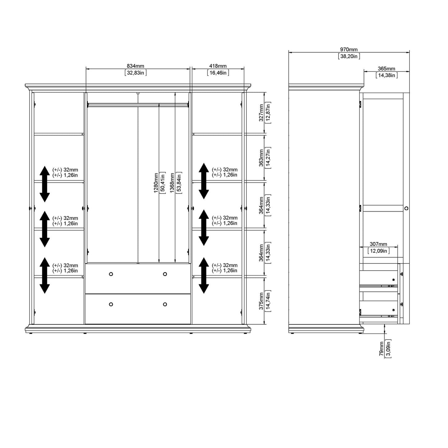 Paris Wardrobe with 4 Doors and 2 Drawers in Matt Grey - 4 door wardrobe with drawers ModelBedroom