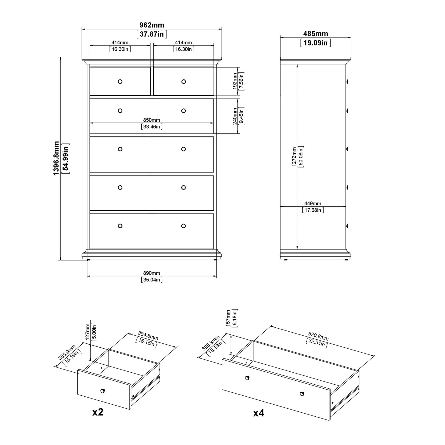 Paris Chest of 6 Drawers in White and Oak ModelBedroom