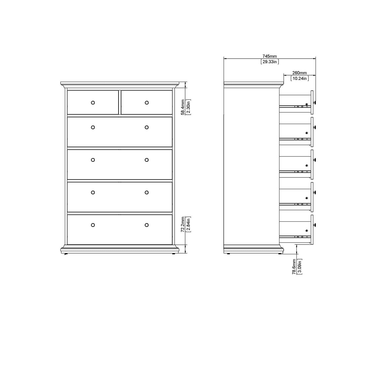 Paris Chest of 6 Drawers in White and Oak ModelBedroom