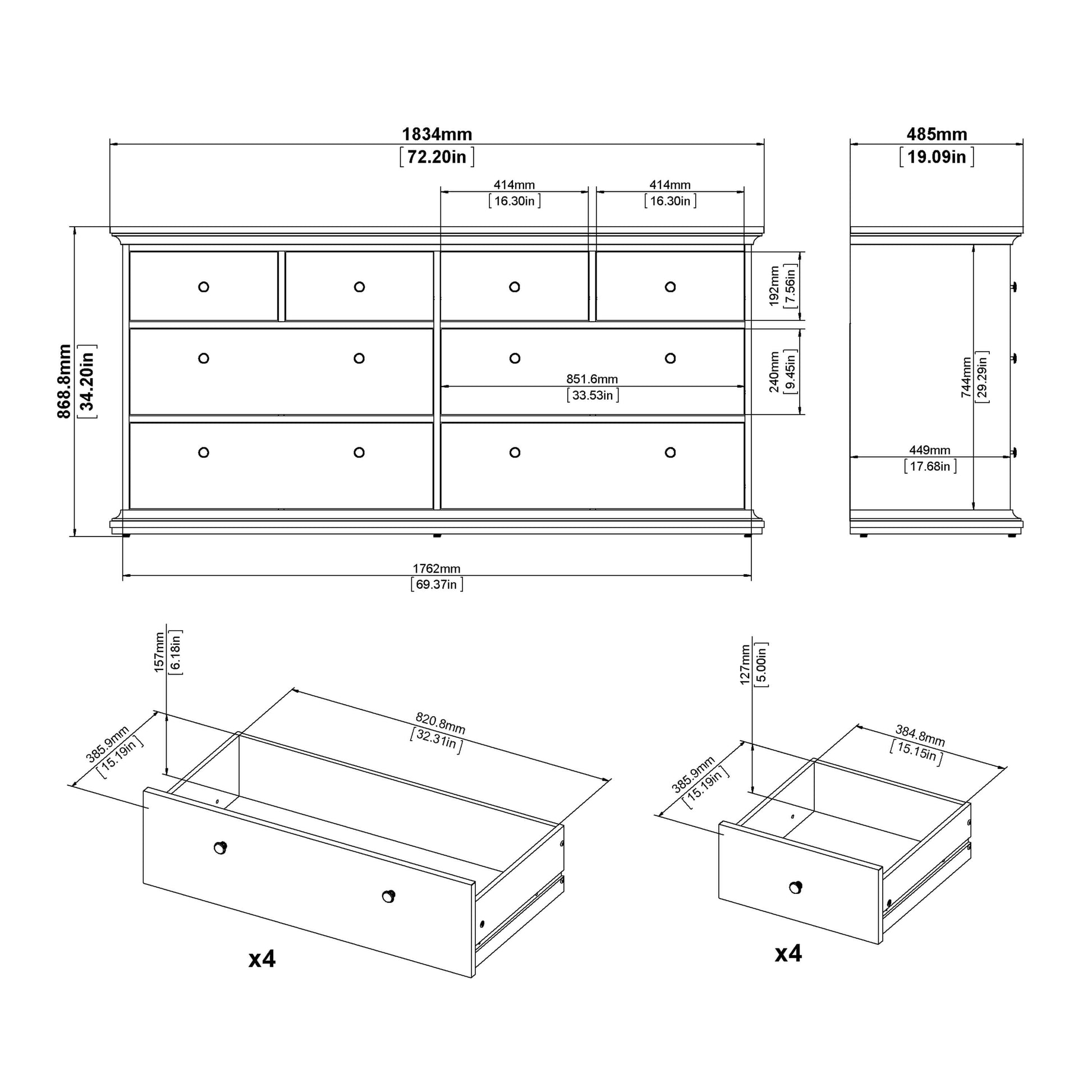 Paris Chest of 8 Drawers in White and Oak ModelBedroom