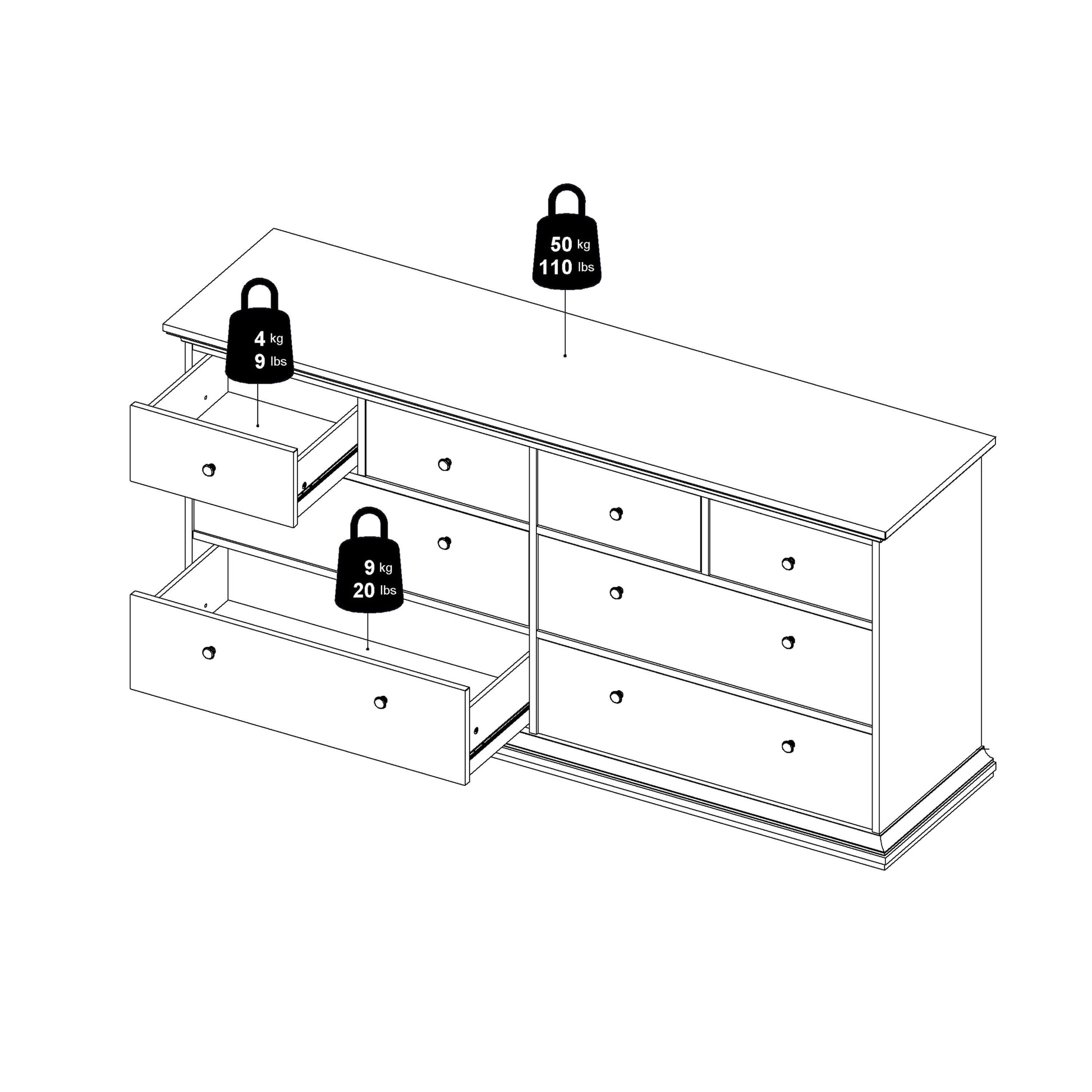 Paris Chest of 8 Drawers in White and Oak ModelBedroom