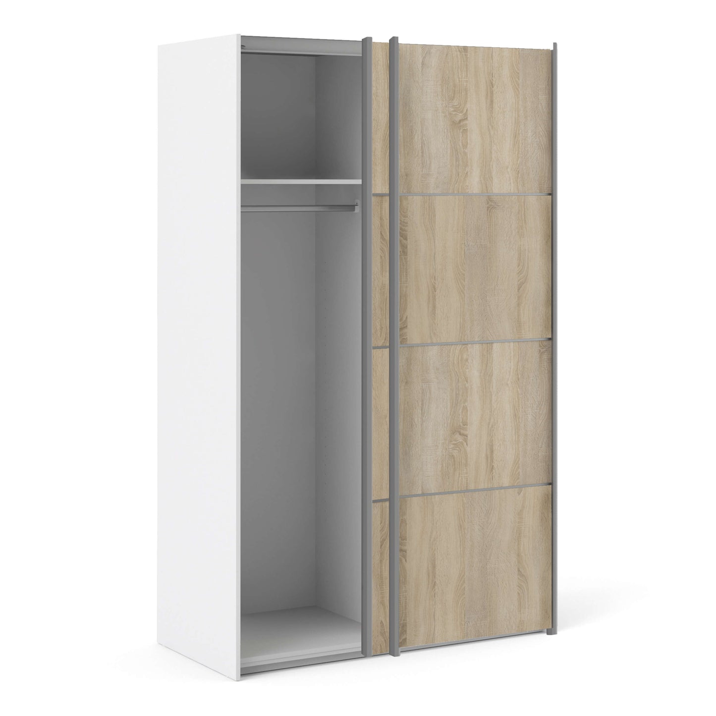 Verona Sliding Wardrobe 120cm in White with Oak Doors with 2 Shelves ModelBedroom