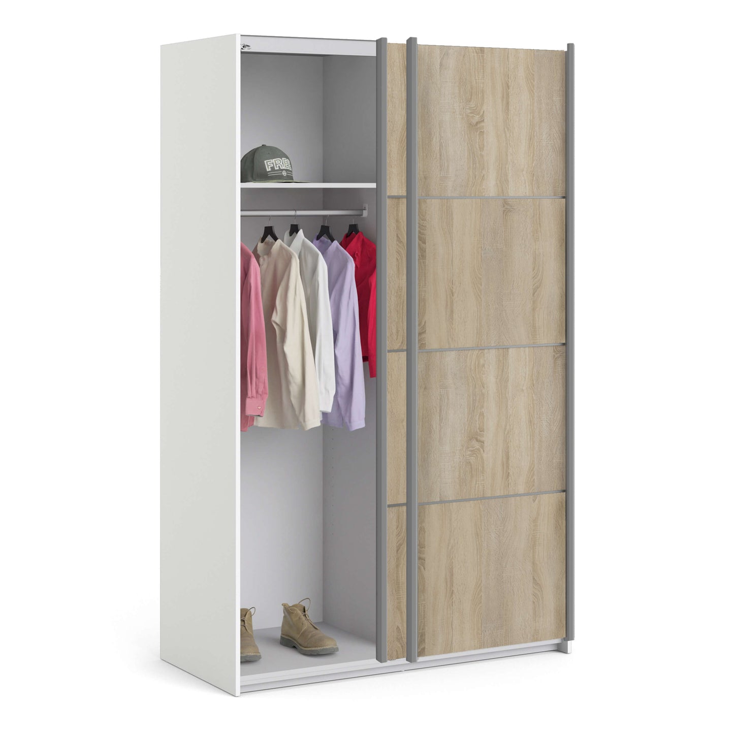 Verona Sliding Wardrobe 120cm in White with Oak Doors with 2 Shelves ModelBedroom