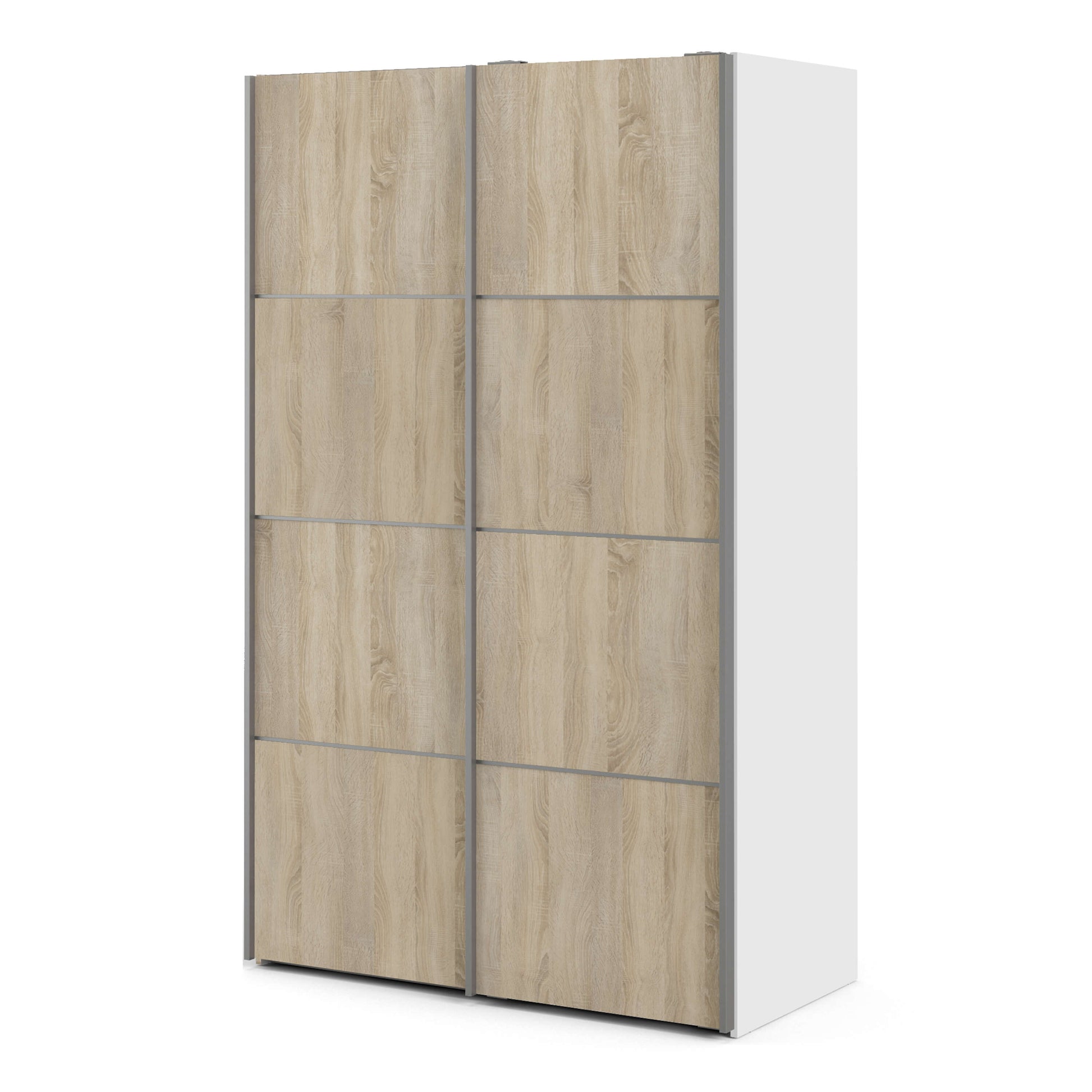 Verona Sliding Wardrobe 120cm in White with Oak Doors with 5 Shelves ModelBedroom