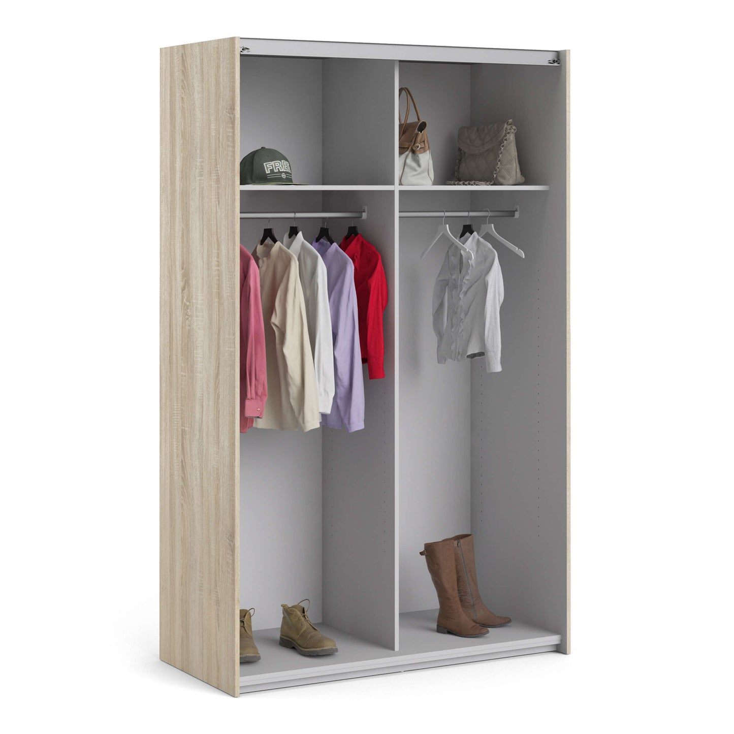 Verona Sliding Wardrobe 120cm in Oak with White Doors with 2 Shelves ModelBedroom