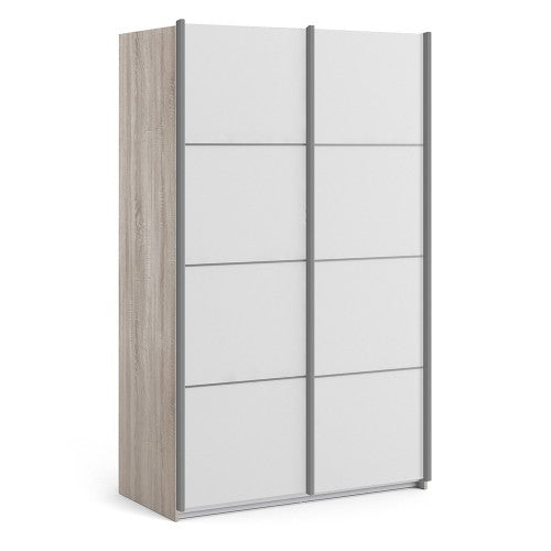 Verona Sliding Wardrobe 120cm in Truffle Oak with White Doors with 5 Shelves ModelBedroom