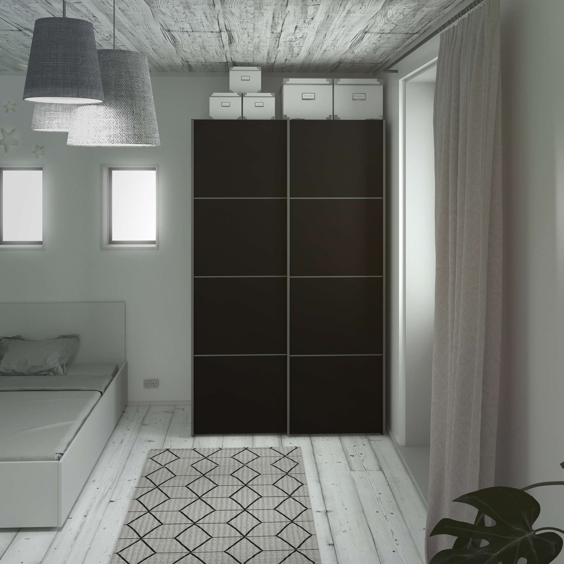 Verona Sliding Wardrobe 120cm in Black Matt with Black Matt Doors with 2 Shelves ModelBedroom