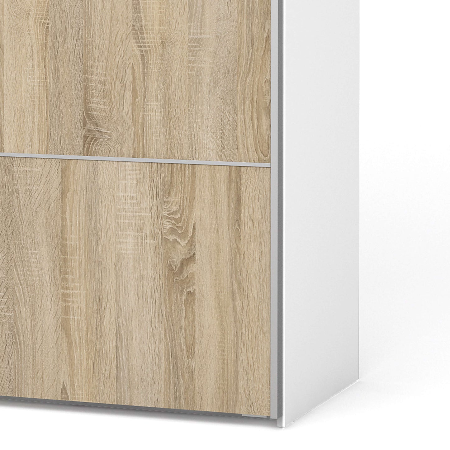 Verona Sliding Wardrobe 180cm in White with Oak Doors with 2 Shelves ModelBedroom