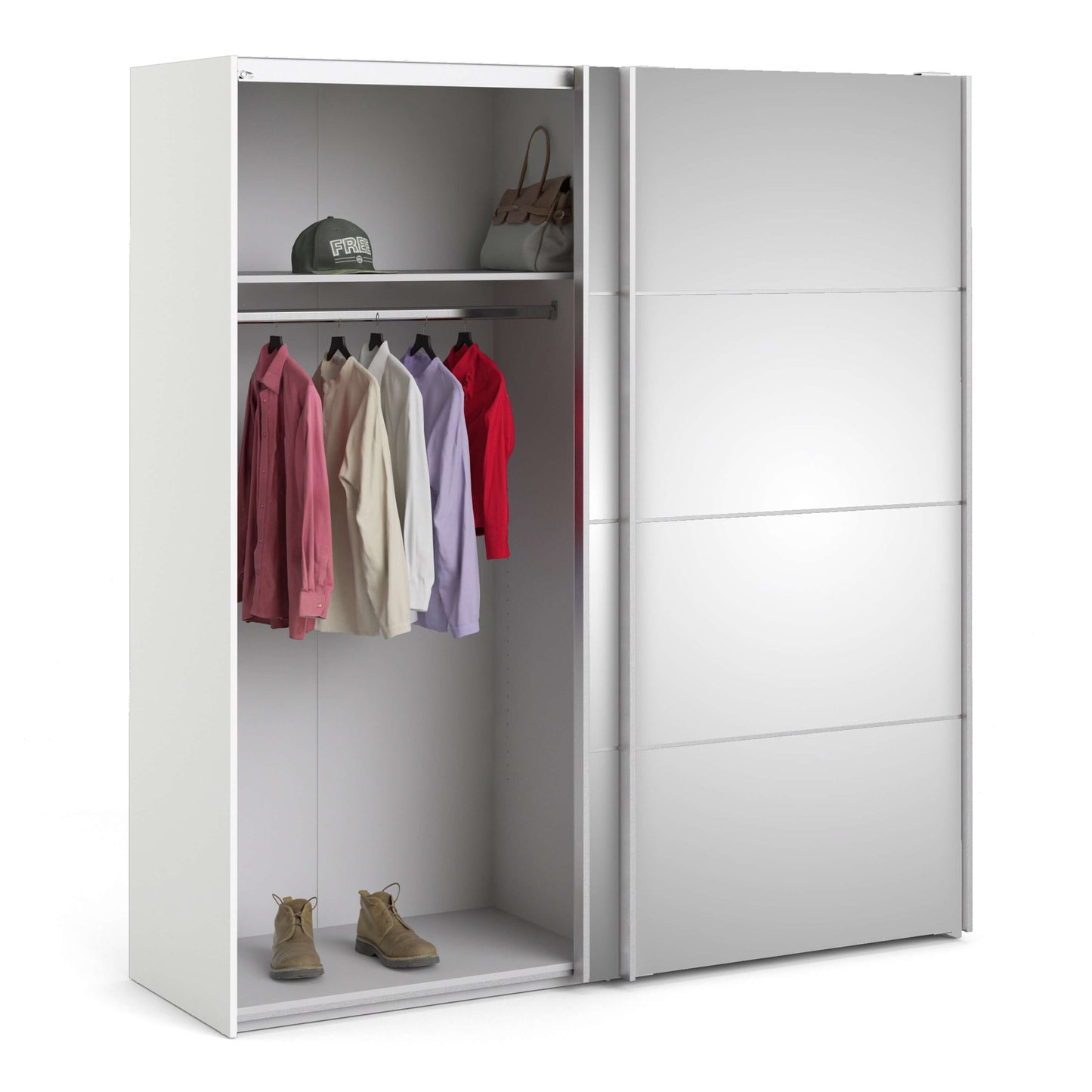 Verona Sliding Wardrobe 180cm in White with Mirror Doors with 2 Shelves ModelBedroom