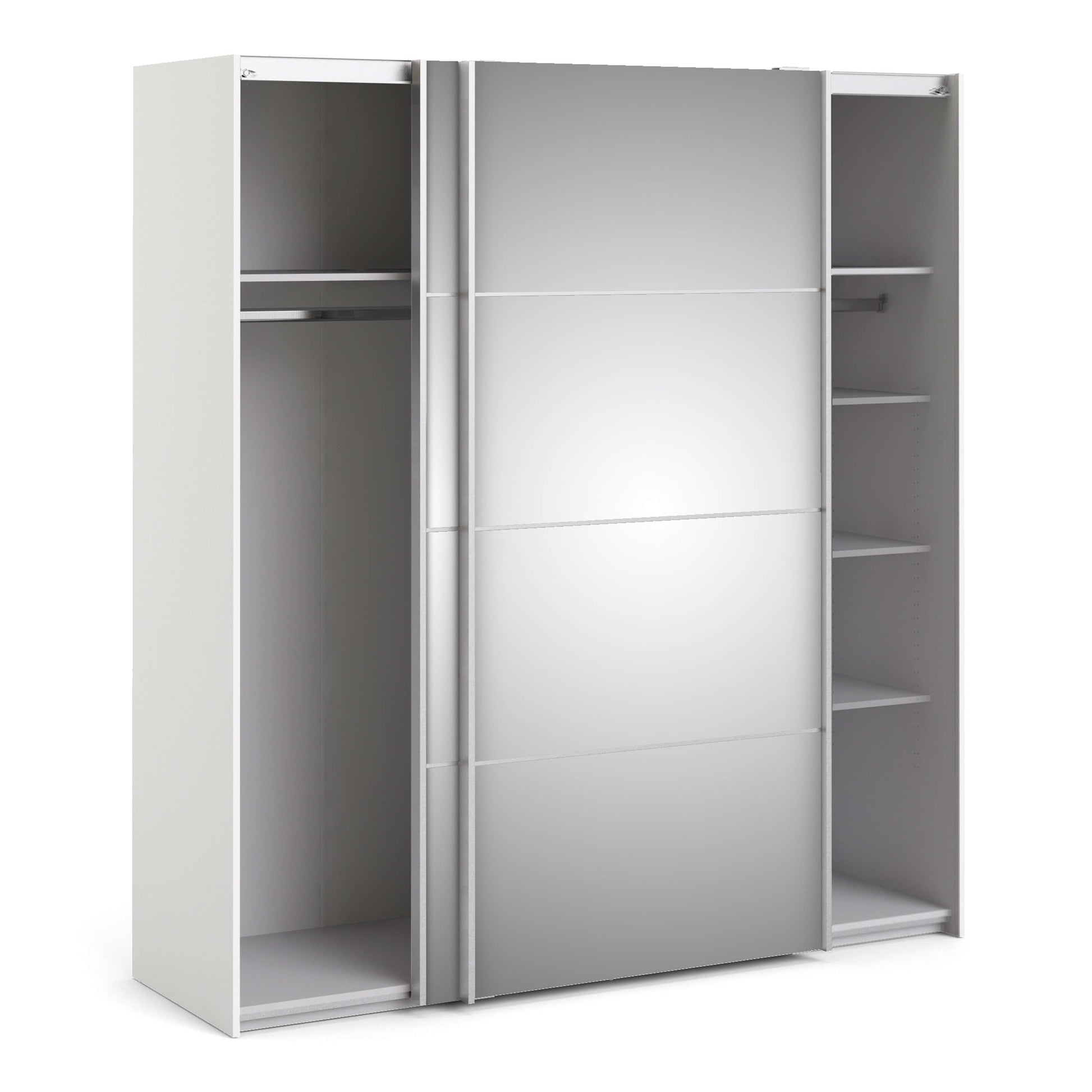 Verona Sliding Wardrobe 180cm in White with Mirror Doors with 5 Shelves ModelBedroom